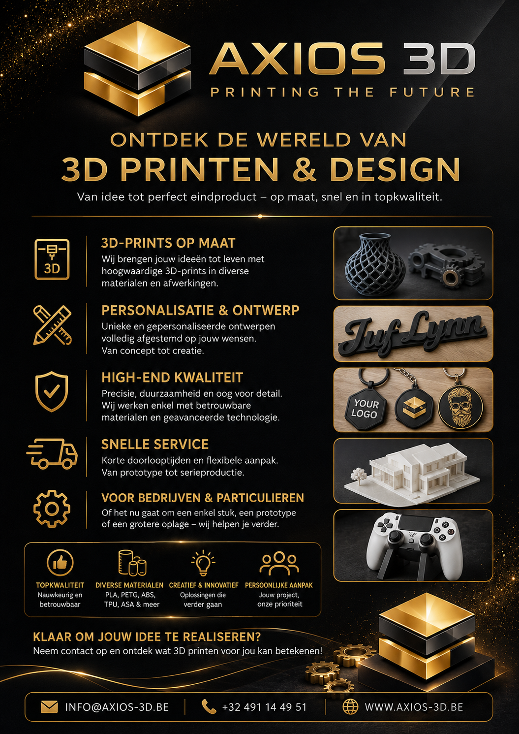 Officiële Axios 3D flyer over 3D printen en design